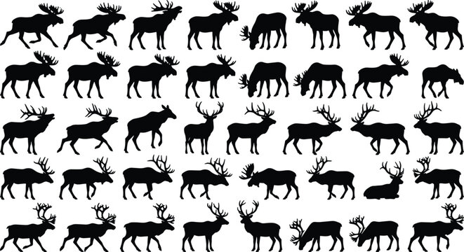 Black silhouette set of horned forest mammals featuring moose caribou and elk isolated on white background