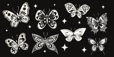 Collection Of White Butterflies Detailed Vector Illustration With Decorative Elements © Bipul