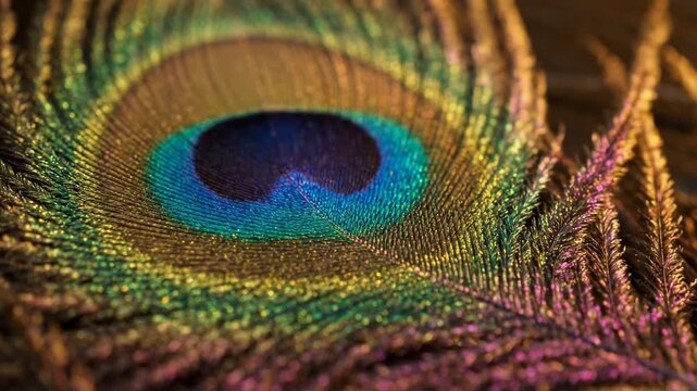 Close-up macro view of a vibrant peacock feather eye, showing intricate details, iridescent colors of blue, green, and gold, natural texture, elegance, luxury