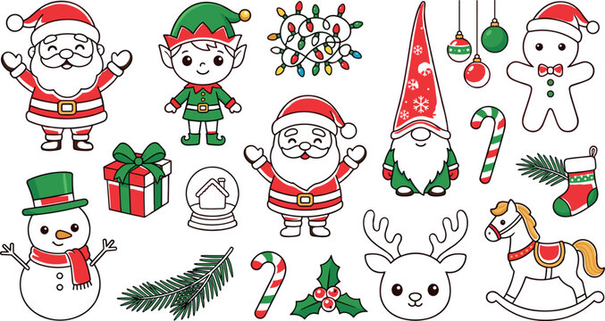 Cute Christmas holiday cartoon character vector illustration set with Santa Claus elf gnome snowman reindeer and gingerbread man isolated on white background.