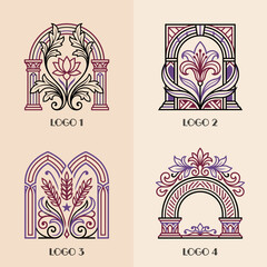 Naklejka premium Luxury Multicolor Art Deco Botanical Arch Logo Collection in Elegant Line Art Vector Set