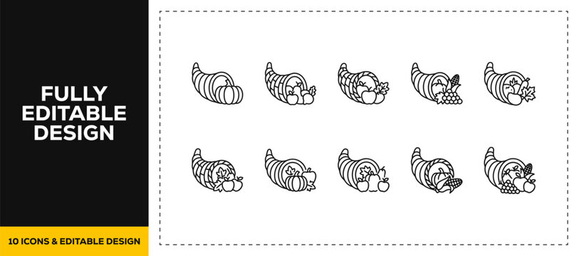 flat vector illustration line art icon bundle set design displaying beautiful cornucopia horns abundant autumn harvests organic fruits vegetables and thanksgiving UI