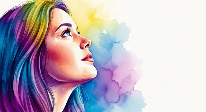 Colorful watercolor splash illustration of a woman's profile, representing creativity, imagination and vibrant self expression