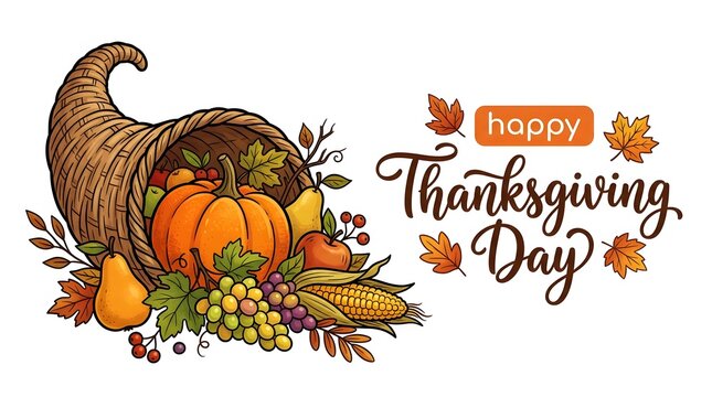 Festive thanksgiving cornucopia illustration with autumn harvest fruits and grains