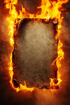 A blank piece of aged, weathered parchment paper engulfed in intense flames and fire, creating a dramatic and mystical border effect