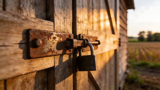 A weathered rusty hasp and padlock on a rustic barn door.