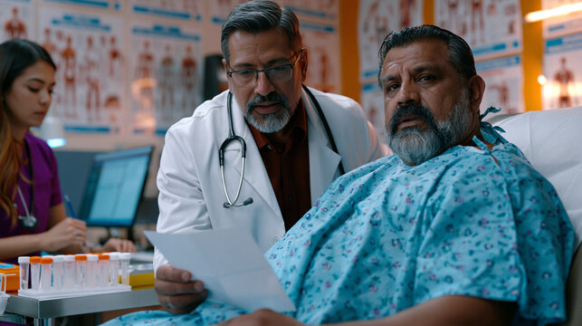 Immigrant undergoing USCIS-required medical examination, physician in white coat reviewing vaccination records while patient sits on exam table in clinic gown, medical posters covering walls, nurse 