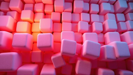 Fototapeta premium Pink cubes fill frame, gradient lighting creates depth. Minimalist design, abstract pattern, modern aesthetic. Dark background contrasts bright shapes.