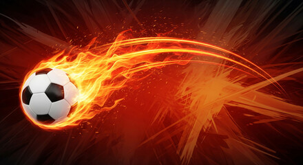 Fototapeta premium Soccer ball engulfed in dramatic flames streaking across a dark background, representing speed, power and World Cup intensity