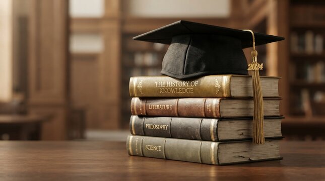 Academic graduation cap on stack of books in library setting