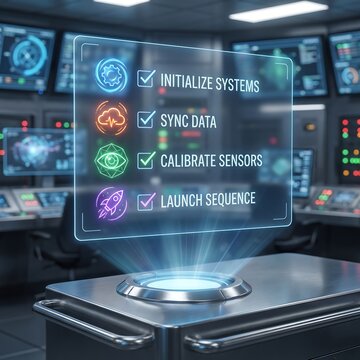 A holographic checklist displaying completed system initialization, data synchronization, sensor calibration, and launch sequence in a futuristic control room.