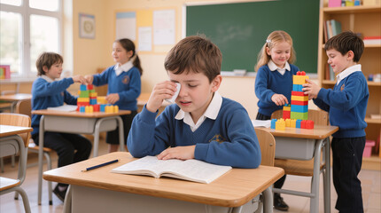 Fototapeta premium Primary school boy crying and wiping eyes with tissue during lesson. Sad student feeling overwhelmed or bullied in classroom while classmates play in background.