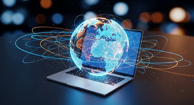 Laptop displays a digital globe with interconnected lines, suggesting global connectivity