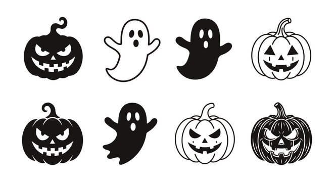 Halloween pumpkin and ghost icon set with spooky black and white designs
