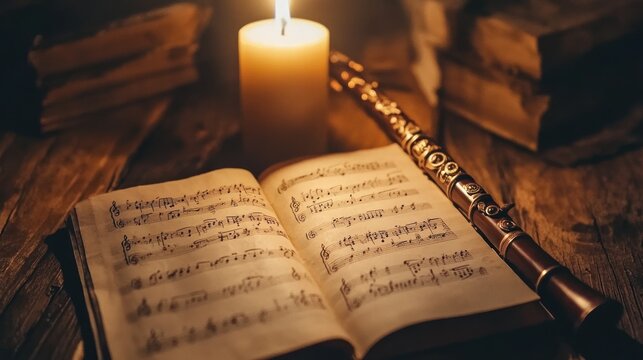 Open music book, candle, and flute on wooden table