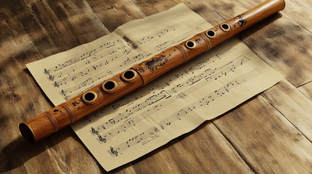 Bamboo flute resting on sheet music