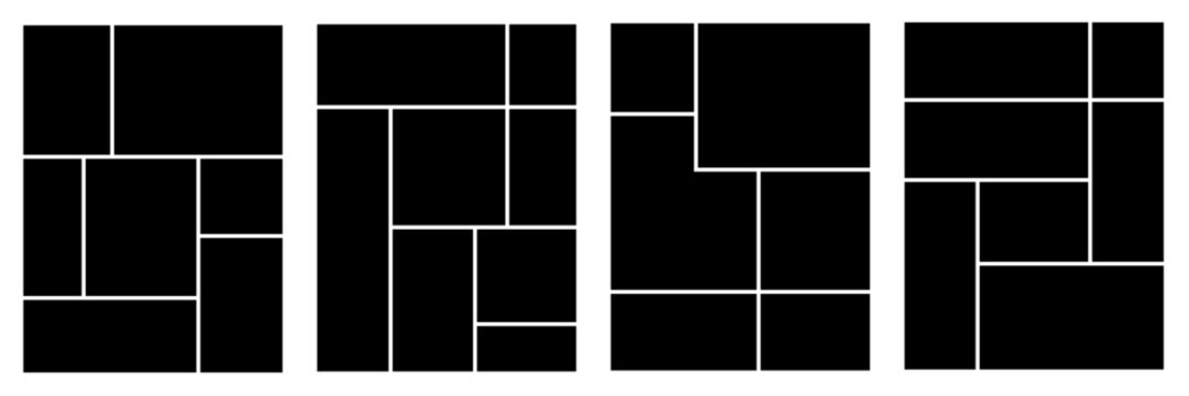 Blank photo collage template vector set. Empty geometric moodboard, comic book page layout, and portfolio grid with white borders on black background for social media presentation