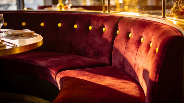 banquette. Curved velvet banquette seating in upscale restaurant with brass button details. real-estate listings.