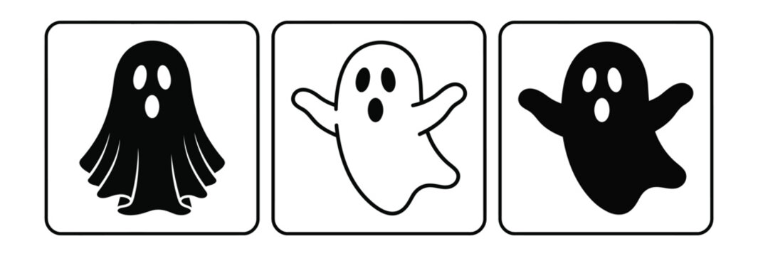 Cartoon ghost icon set with outlined and solid black variations