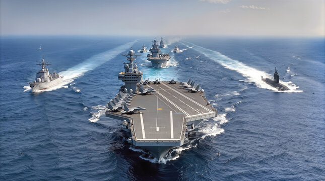 Naval strike group sailing in formation across open ocean. Aircraft carrier leading fleet of warships and submarine during maritime military exercise.