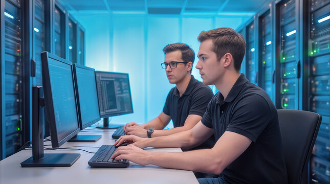 System administrators monitoring network performance on multiple computer screens in server room. Technical support team working in high-tech data center environment.
