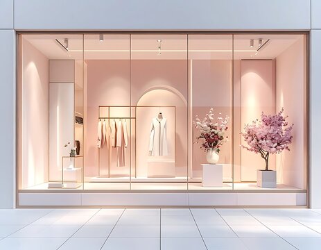 Luxury fashion storefront with pink interior.