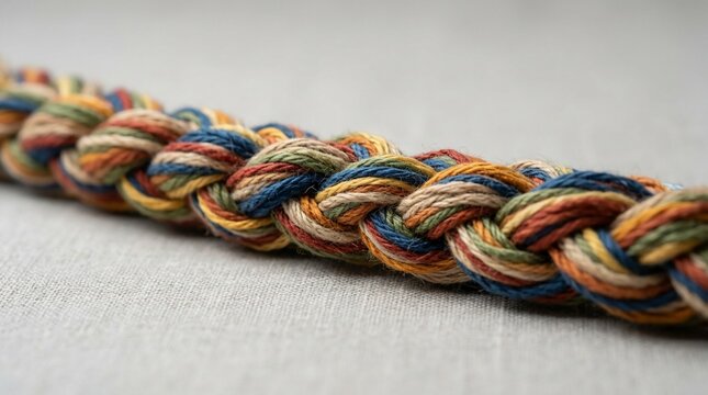 Colorful braided cord with textured fibers and neutral background detail