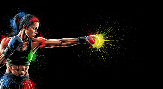 Boxer throwing a powerful punch surrounded by a burst of colorful paint splash, representing intensity and athletic strength