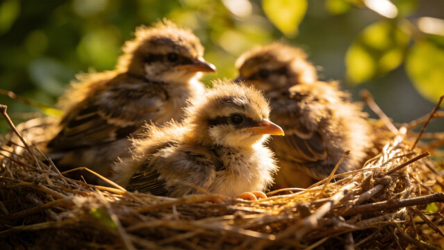 A fluffy fledgling bird in a nest, smaller than its siblings, with a soft-focus background.