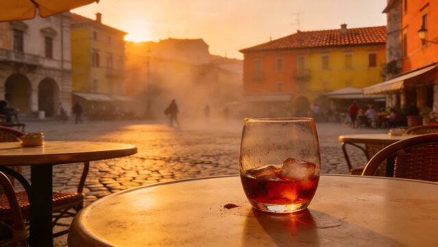 Italian piazza at golden hour with an outdoor cafe table.