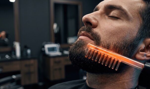 Close up of man receiving darsonval high frequency glass electrode wand treatment for beard hair growth