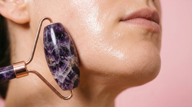 Close up of woman using natural purple amethyst jade roller massager tool on cheek for face lifting