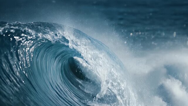 Strong ocean wave crashing into a perfect blue barrel tunnel with mist and foam