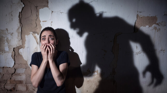 Terrified young woman cowering against cracked wall with monstrous shadow looming over her. Concept of fear, mental health struggles, and internal demons.