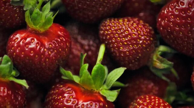 A close-up of ripe red strawberries with green leaves in a volumetric frame with soft light. The detailed texture of the grains creates a rich, natural background. A berry harvesting concept