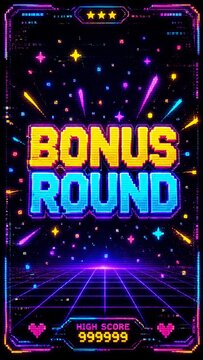 Vertical retro neon Bonus Round screen celebrating a new arcade gaming challenge