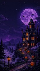 Fototapeta premium Haunted Victorian mansion beneath a glowing full moon with pumpkins and bats on a spooky night, Halloween, horror, fantasy, mystery, haunted house