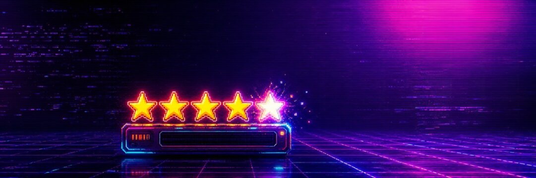 Glowing five star rating interface in a retro neon digital gaming style