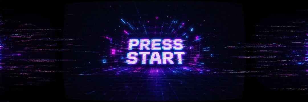 Retro neon Press Start gaming screen with glowing futuristic arcade aesthetics
