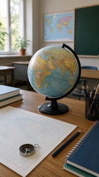 School classroom desk with globe map and study supplies for geography education