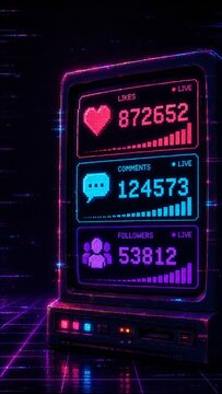 Retro digital social media analytics dashboard with glowing engagement statistics