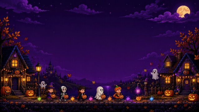 Pixel art Halloween village with ghosts, pumpkins and trick or treat children celebrating on a spooky autumn night
