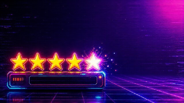 Four star customer rating displayed on a glowing digital interface, concept of reviews, quality assessment and user feedback