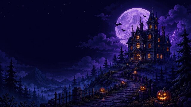 Haunted mansion under a glowing full moon surrounded by a dark forest, atmospheric Halloween night concept