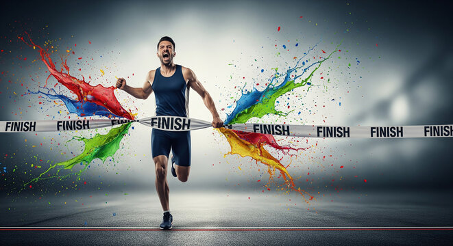 Illustrated runner crossing the finish line with arms raised amid a burst of colorful paint, celebrating victory