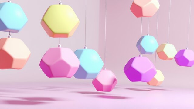 Pastel geometric shapes suspended. Soft lighting creates dreamy, minimalist aesthetic. Simple composition, pleasing color palette.