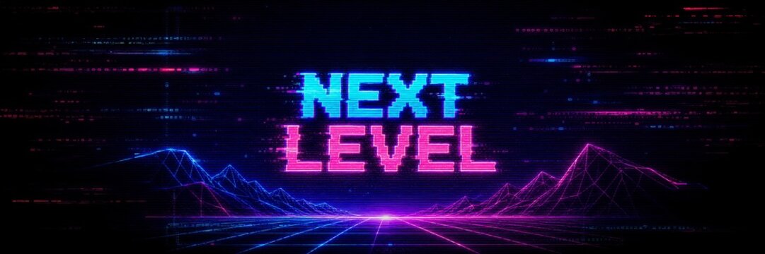 Glowing Next Level message on a retro neon game interface, symbolizing progress, achievement and advancement to a new stage