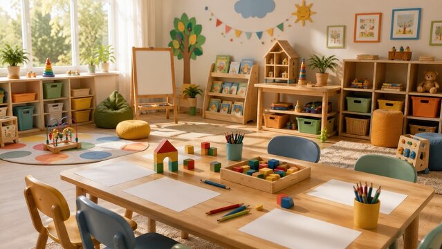 Bright modern kindergarten classroom with colorful toys learning stations and natural daylight