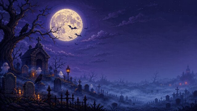 Moonlit haunted cemetery with gothic chapel glowing lanterns and mysterious Halloween atmosphere