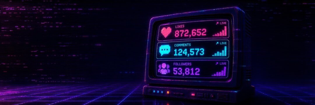 Retro futuristic social media analytics display with glowing neon interface and engagement statistics